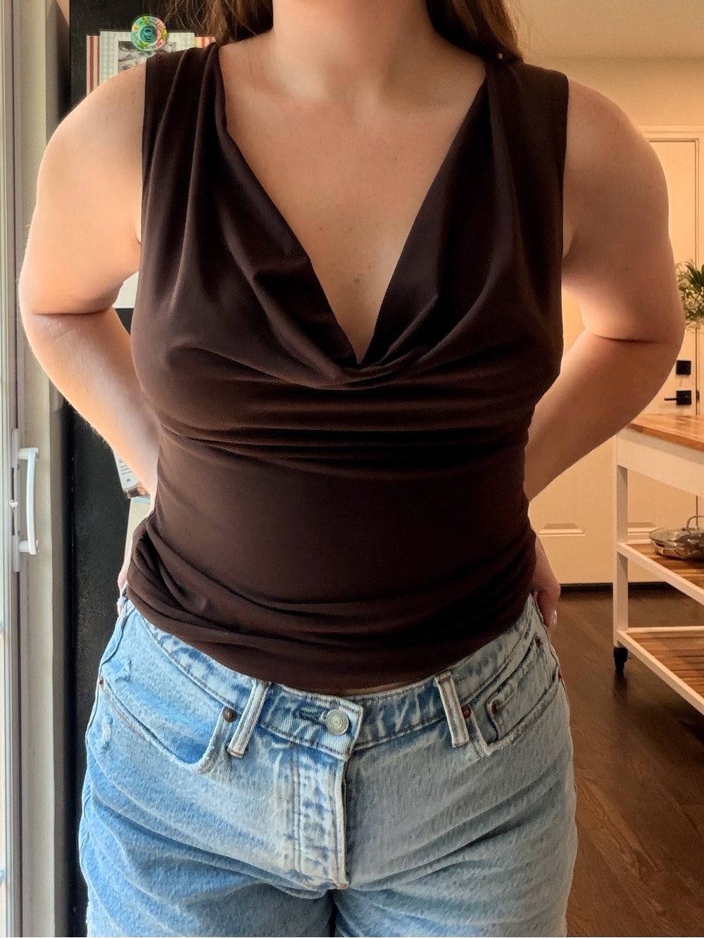 Full Length Sleeveless Cowl Neck Top in Dark Brown